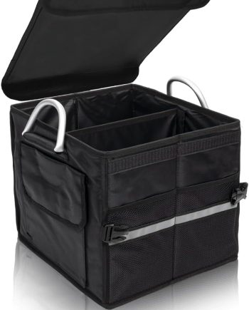Trunk Organizer With Lid,Small,Black 28L,For SUV Car Truck,Collapsible Waterproof Oxford Fabric,Portable Multipurpose sorting,2-Compartments with Aluminium Alloy Handle