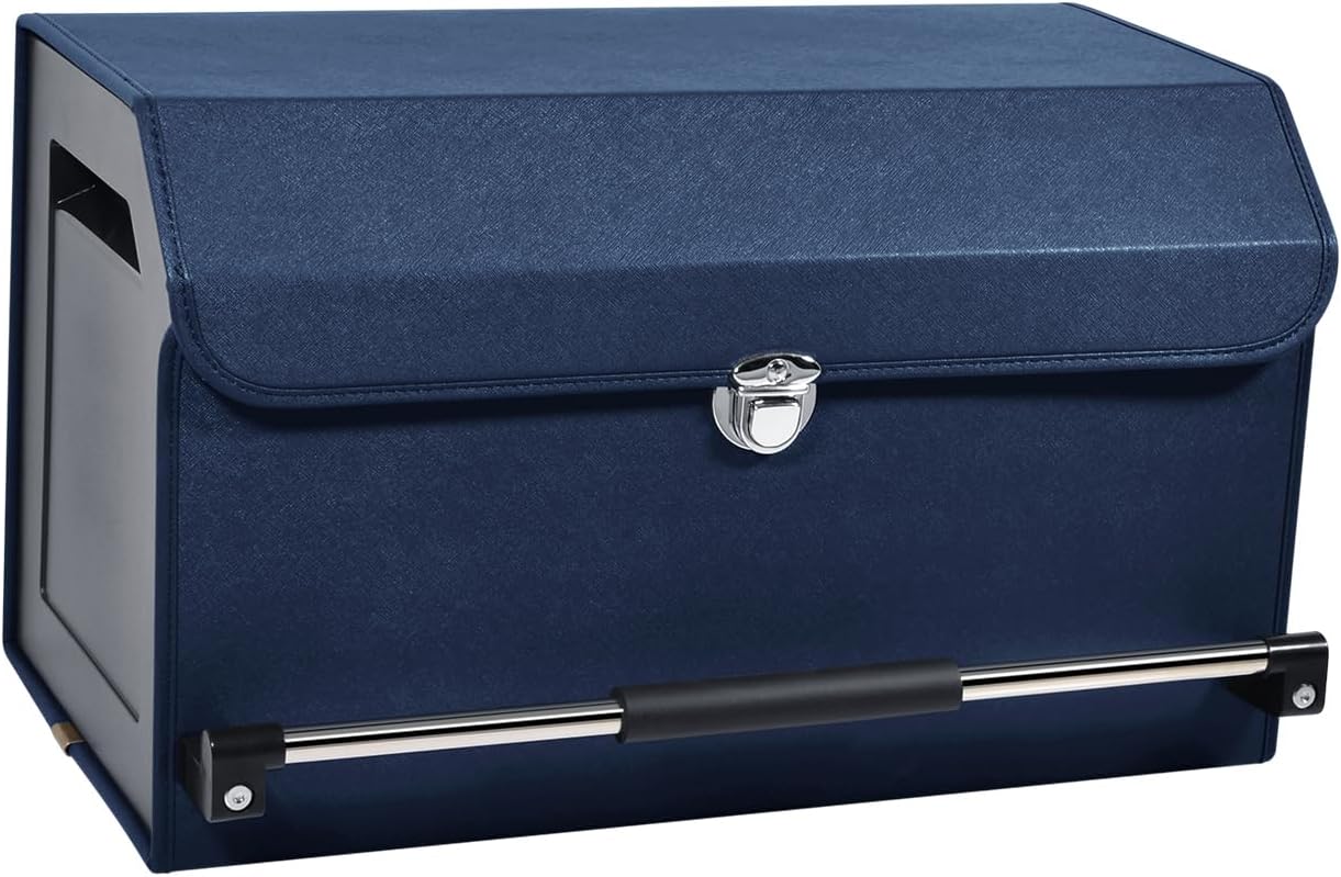 Car Trunk Organizer, Push-pull Handle, Leather Collapsible 2 Compartments Car Organizers with Lid, Car Trunk Storage Organizer, Suitable for All Kinds of Cars, SUV, Minivan (Large, Blue)