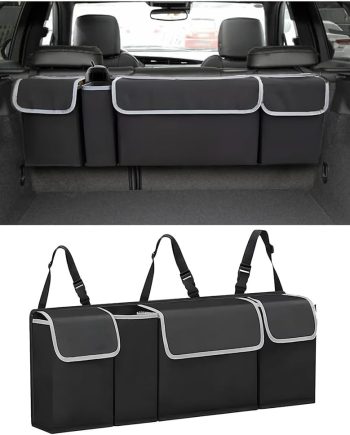 Car Trunk Organizer, Backseat Hanging Large Storage with Adjustable Straps, Waterproof Collapsible Cargo Bag with 4 Pockets, Sturdy Space Saver Frees Trunk Floor for SUV, Truck, MPV