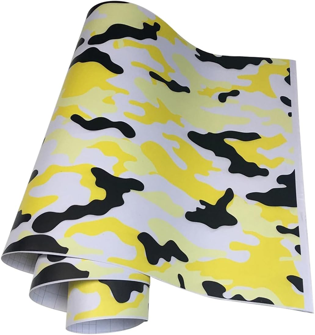 Camouflage Car Film Wrap Air Release Car Paint Protective Film Camo Car Styling Stickers Vinyl Roll for Exterior & Interior (Lemon Yellow,19.68 x 196.85 inch)