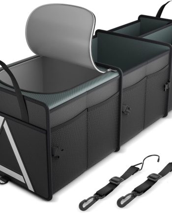 Sturdy Car Trunk Organizer with Premium Insulation Cooler Bag, Heavy Duty Collapsible for Car, SUV, Truck, or Van (3 Compartments, Black)