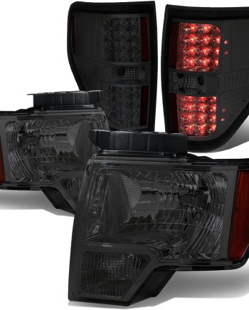 Compatible with 09-14 Ford F150 Pair Smoked Housing Amber Corner Headlight+Full LED Tail Lamp
