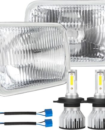 7X6 Inch H6054 Glass Square Headlight Housing + H4/9003 High Low Beam Bulbs for Cars,Truck and Van,Halogen Sealed High Low Dual Beam,OEM Style Original Classic Look Conversion Assembly Pair Kit