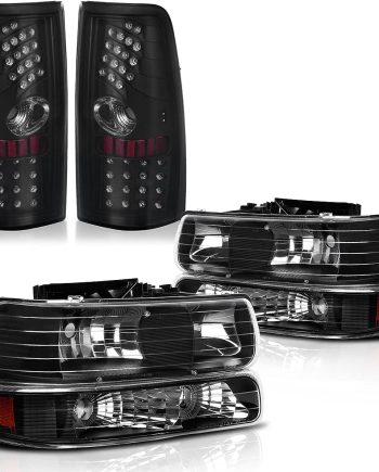 Headlights Tail Lights Assembly Compatible with 1999-2002 Chevy  1500/2500, 2001-2002   3500 Clear Lens Replacement Headlights + Smoke Lens LED Taillights Combo