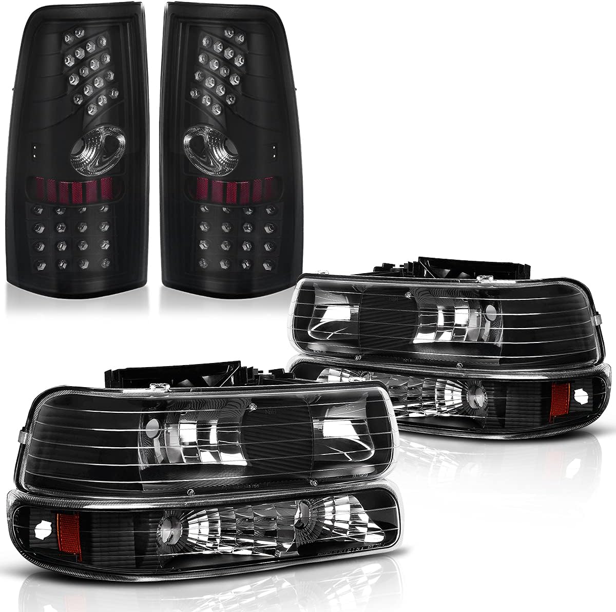 Headlights Tail Lights Assembly Compatible with 1999-2002 Chevy 1500/2500, 2001-2002 3500 Clear Lens Replacement Headlights + Smoke Lens LED Taillights Combo