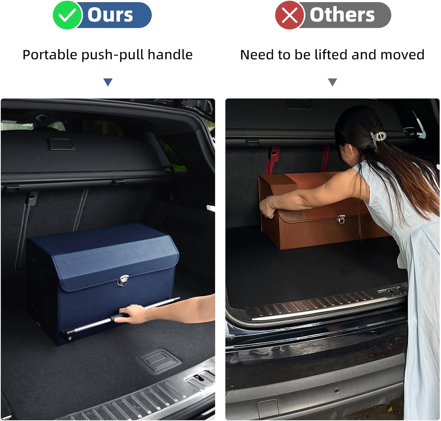 Car Trunk Organizer, Push-pull Handle, Leather Collapsible 2 Compartments Car Organizers with Lid, Car Trunk Storage Organizer, Suitable for All Kinds of Cars, SUV, Minivan (Large, Blue)