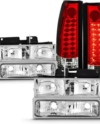 - Fits 1994-1998 C/K 1500 2500 3500 Tahoe Suburban Chrome Headlights + Corner + Signal Lamp + LED Red Tail Lights Pair
