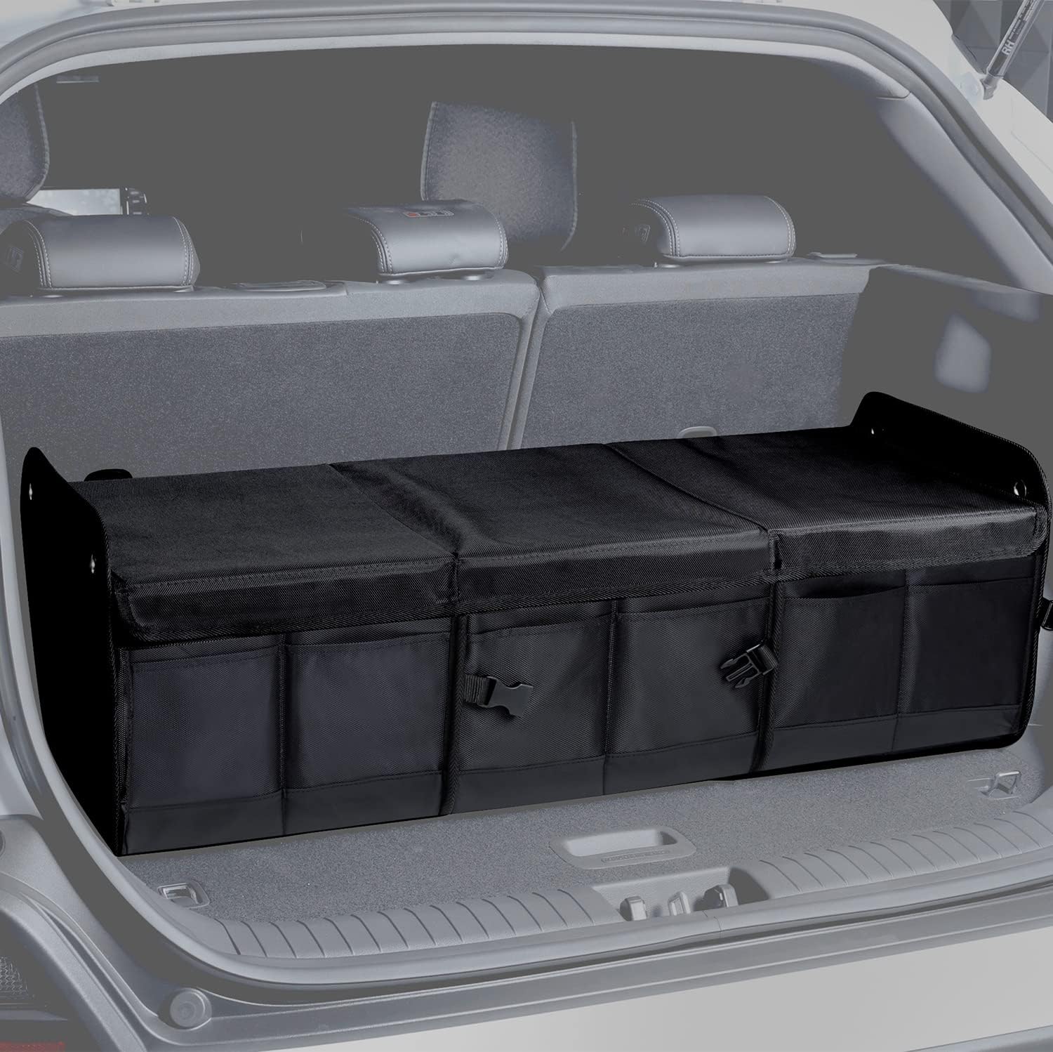 Car Trunk Organizer with Lid - Heavy-Duty Extra Large Premium Black Oxford Cargo Storage, Adjustable & Collapsible for SUV, Van, Truck, Sedan, Jeep