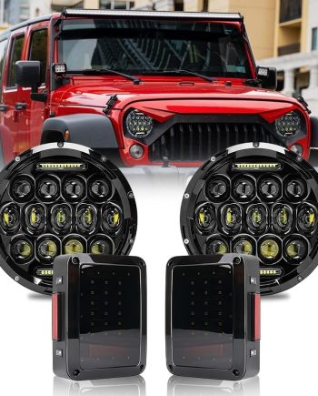 Upgraded NEW 2000% Bright Jeep wrangler headlights（Black）+JK Tail Lights (Smoke) LED lights for Jeep Wrangler JK/TJ/LJ 1997-2020(headlights), Jeep Wrangler JK JKU 2007-2018(taillights)