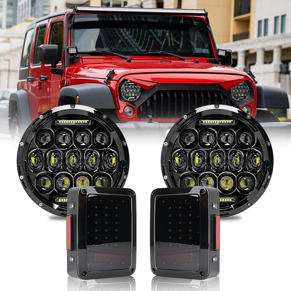 Upgraded NEW 2000% Bright Jeep wrangler headlights(Black)+JK Tail Lights (Smoke) LED lights for Jeep Wrangler JK/TJ/LJ 1997-2020(headlights), Jeep Wrangler JK JKU 2007-2018(taillights)