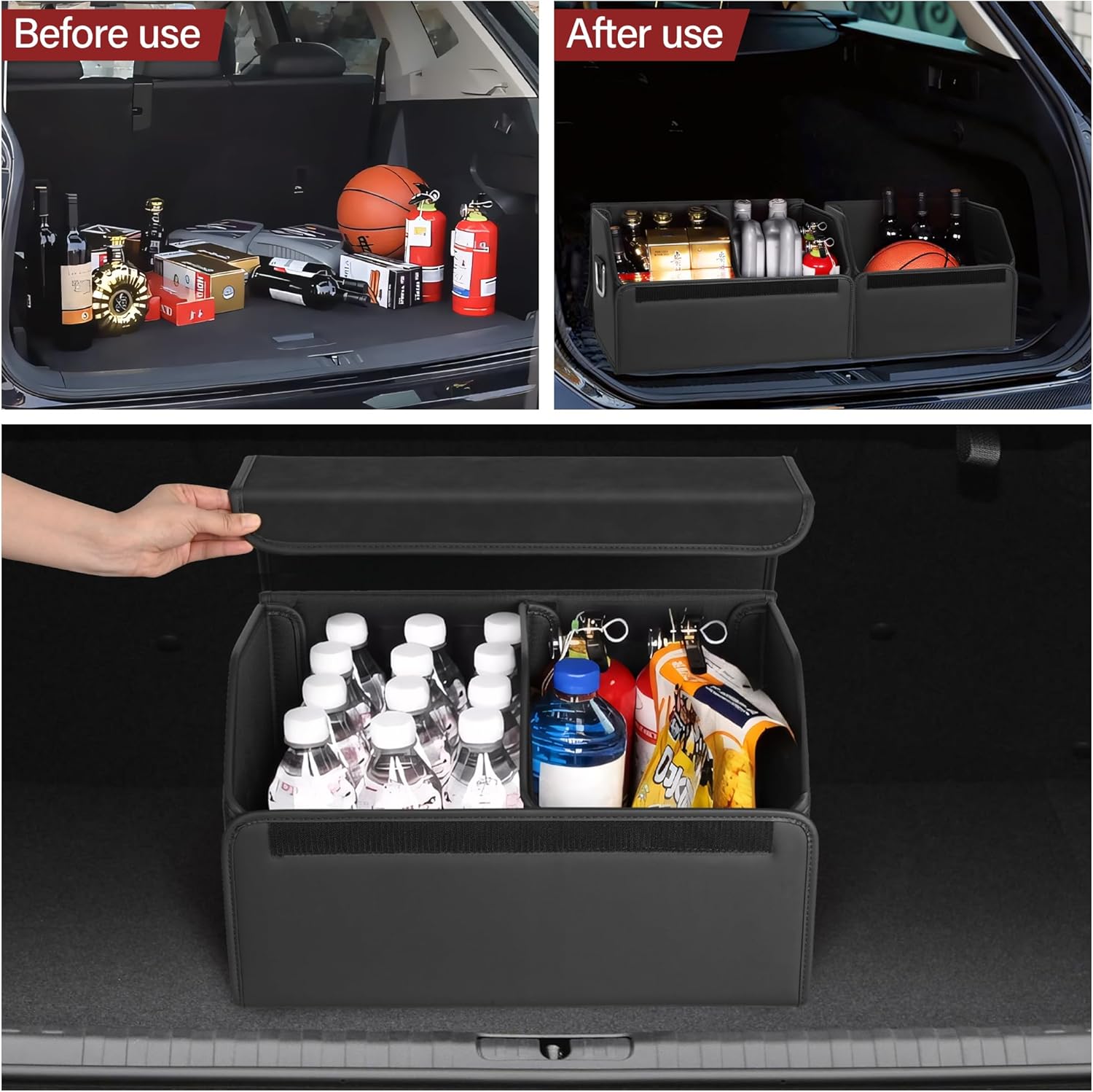 Suede Leather Trunk Organizer, Large Capacity Soft Car Organizers and Storage,foldable,with lip, for Car SUV/Jeep/Sedan/Home/Camping (Black,Big)