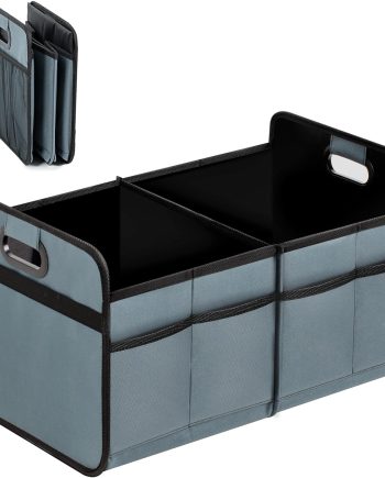Trunk Organizer for Car/SUV/Truck, Collapsible 2 Compartment Automotive Storage Box, 600D Waterproof Oxford Polyester 50L Travel Accessories, Anti-slip & Leak-proof, Grey-Green