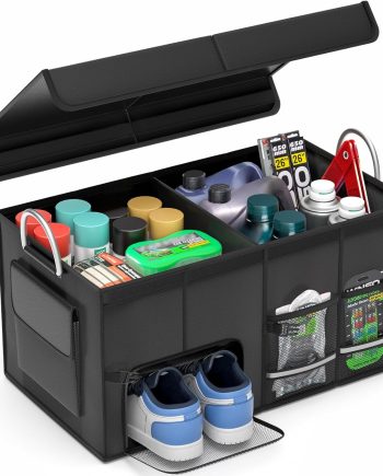 Car Trunk Organizer with Lid - Collapsible Multi Compartment Car Organizer - Multiple Pockets, Multi-purpose Travel Accessory - Anti-slip & Leak-proof Fits any Car, SUV, Minivan