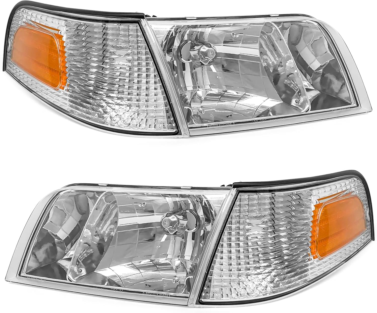 Headlight Assembly Compatible with Ford 1998 1999 2000 2001 2002 2003 2004 2005 2006 2007 2008 2009 2010 2011 Replacement Headlamp Pair w/Chrome Housing Amber Reflector