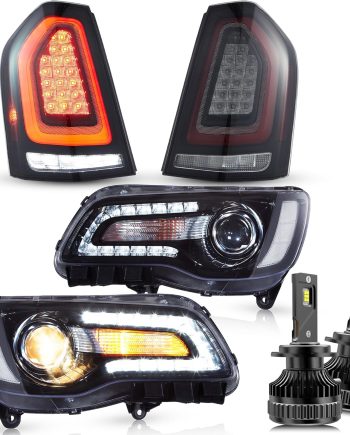 LED Headlights & Tail Lights & 9005 LED Bulbs For 2011-2014 Chrysler 300, Dual Beam jector Front Lamps Assembly, Red & Smoked Lens Taillight
