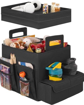 Trunk Organizer for Car, Car Organizer with Cup Holder, Seat Back Storage with Lid, Medium, Black, 1-Pack