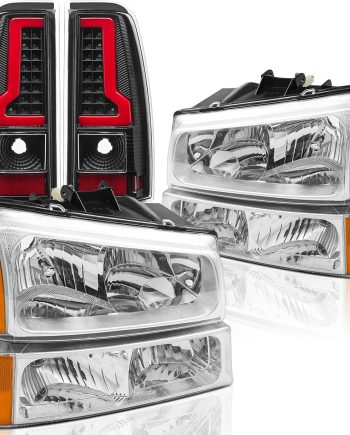 Headlights & LED Taillights Combo Kit for 2003-2006 Chevy  1500 2500 3500 & 2007 Chevy  Classic Replacement Head/Black Rear Brake Tail Lights Lamps Assembly (LH RH Full Set),Chrome