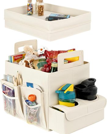 Trunk Organizer for Car, Car Organizer with Cup Holder, Seat Back Storage with Lid, Medium, Beige, 1-Pack