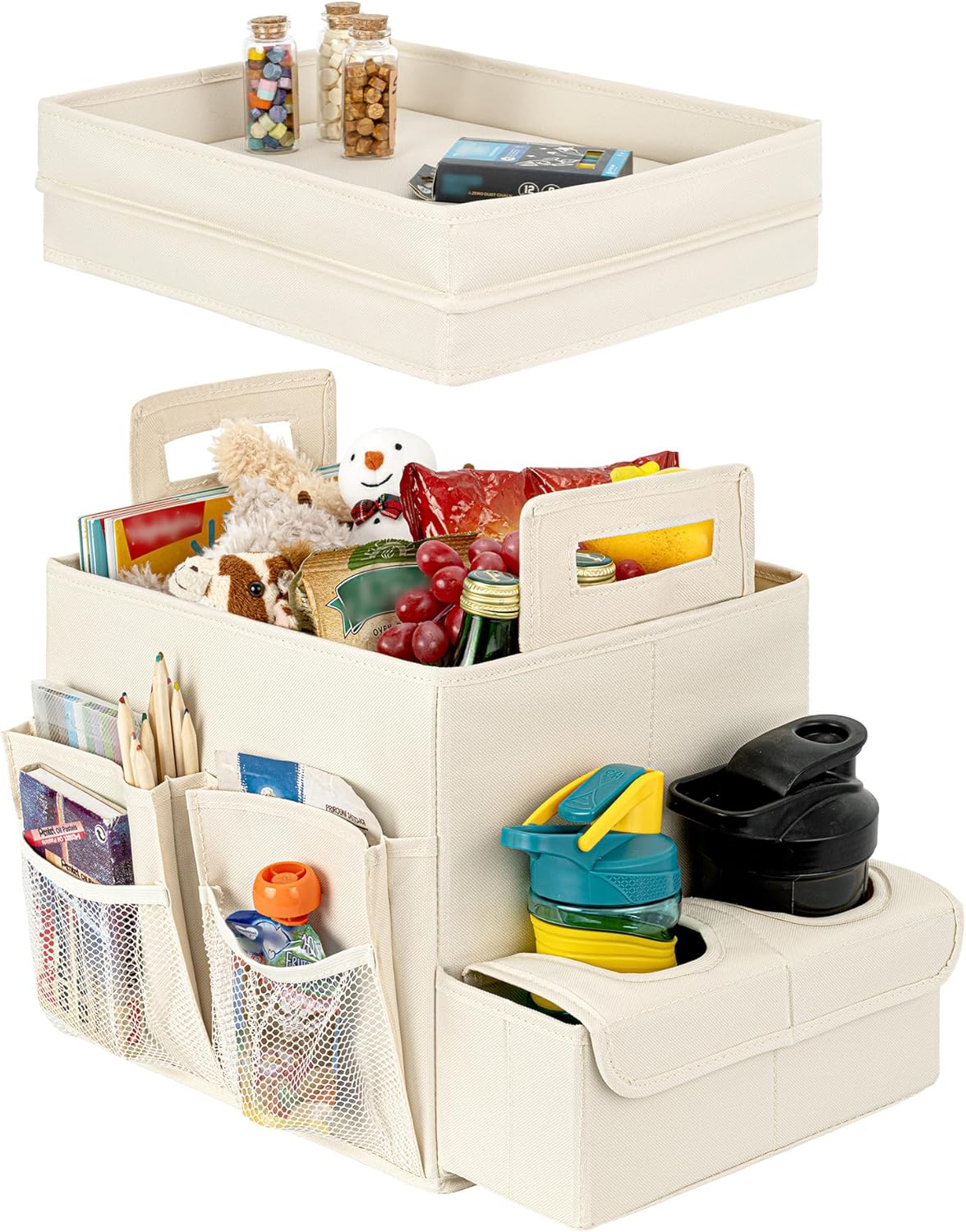 Trunk Organizer for Car, Car Organizer with Cup Holder, Seat Back Storage with Lid, Medium, Beige, 1-Pack