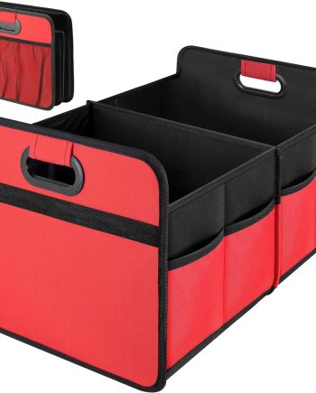 Car Trunk Organizer, 2 Compartments Collapsible Trunk Storage, Anti-slip Design, Made of Waterproof 600D Oxford Polyester, Suitable for SUV, Minivan, Truck, Standard Size, Red
